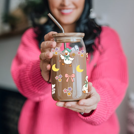 The Cosy Bookish Goose 16 oz Glass Tumbler with bamboo lid and glass straw.