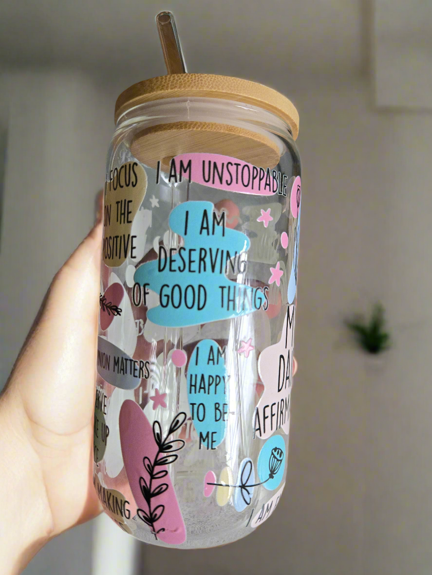 My Daily Affirmations 16 oz Glass Tumbler with bamboo lid and glass straw.