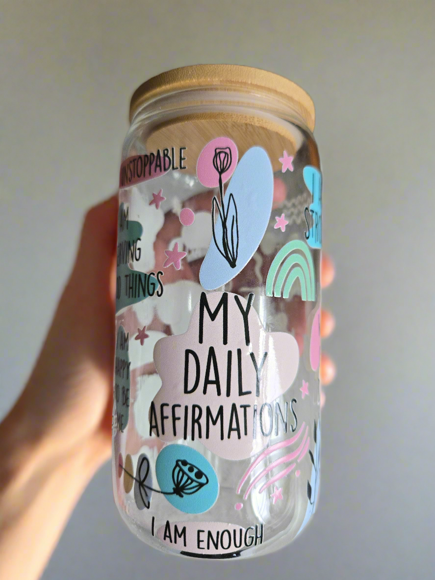 My Daily Affirmations 16 oz Glass Tumbler with bamboo lid and glass straw.