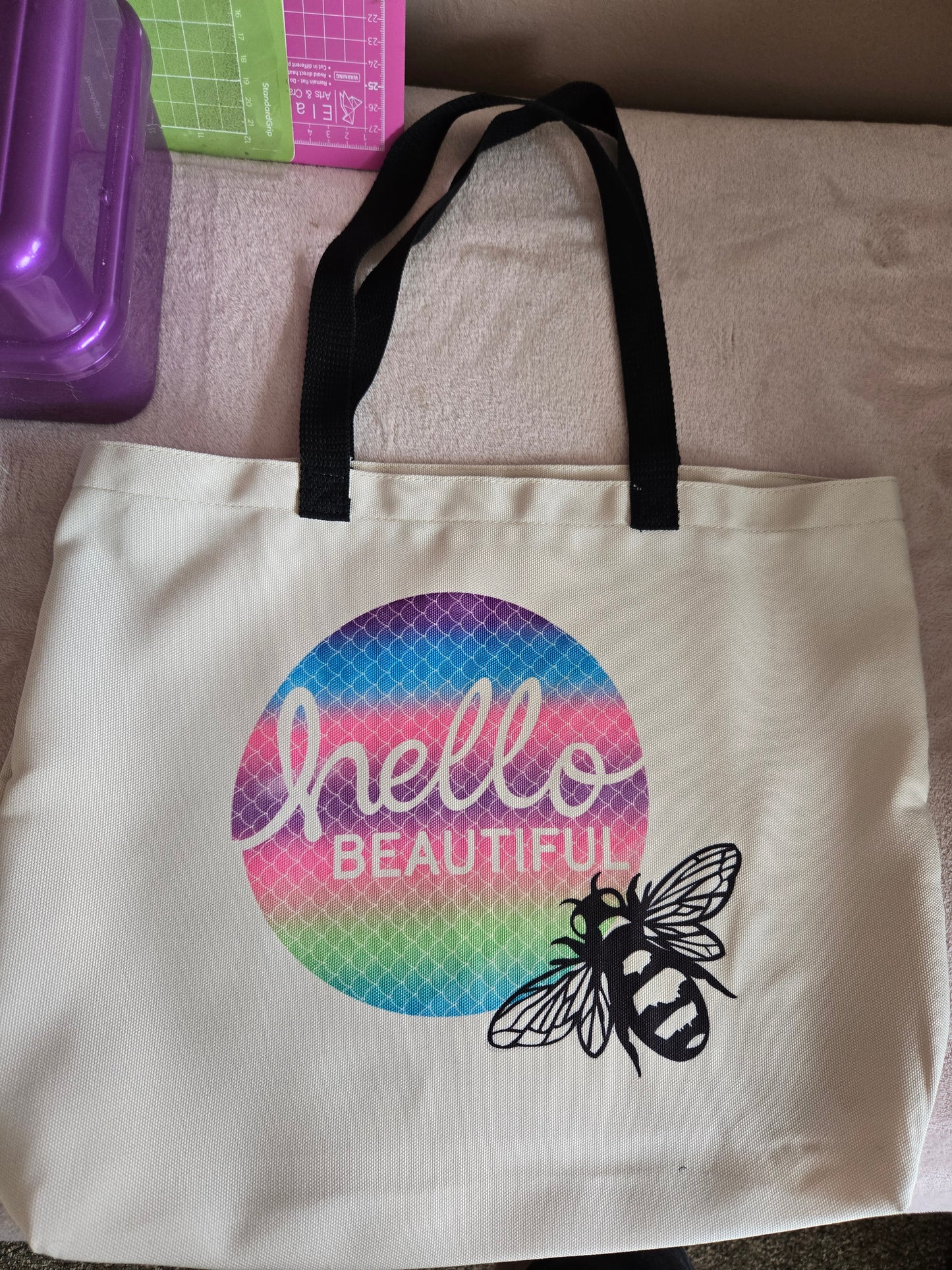 Mermaid Scaled Patterned Hello Beautiful With A Bee Tote Bag