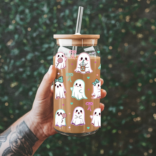 Cute Ghosts With Bows 16 oz Glass Tumbler with bamboo lid and glass straw.