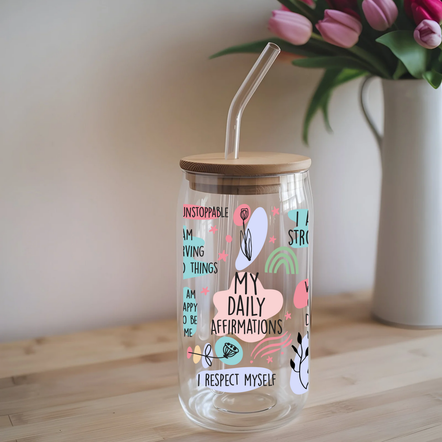 My Daily Affirmations 16 oz Glass Tumbler with bamboo lid and glass straw.