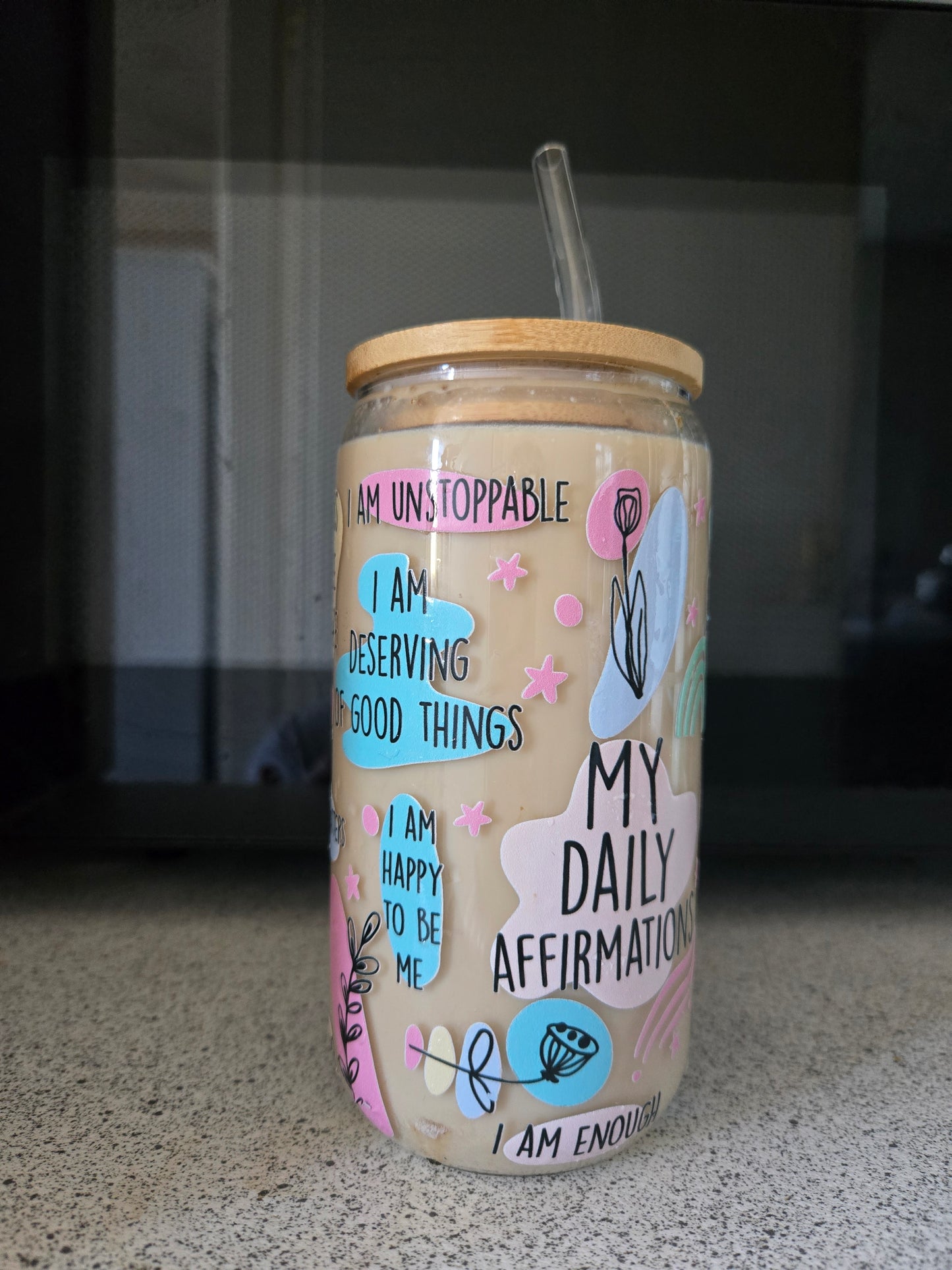 My Daily Affirmations 16 oz Glass Tumbler with bamboo lid and glass straw.