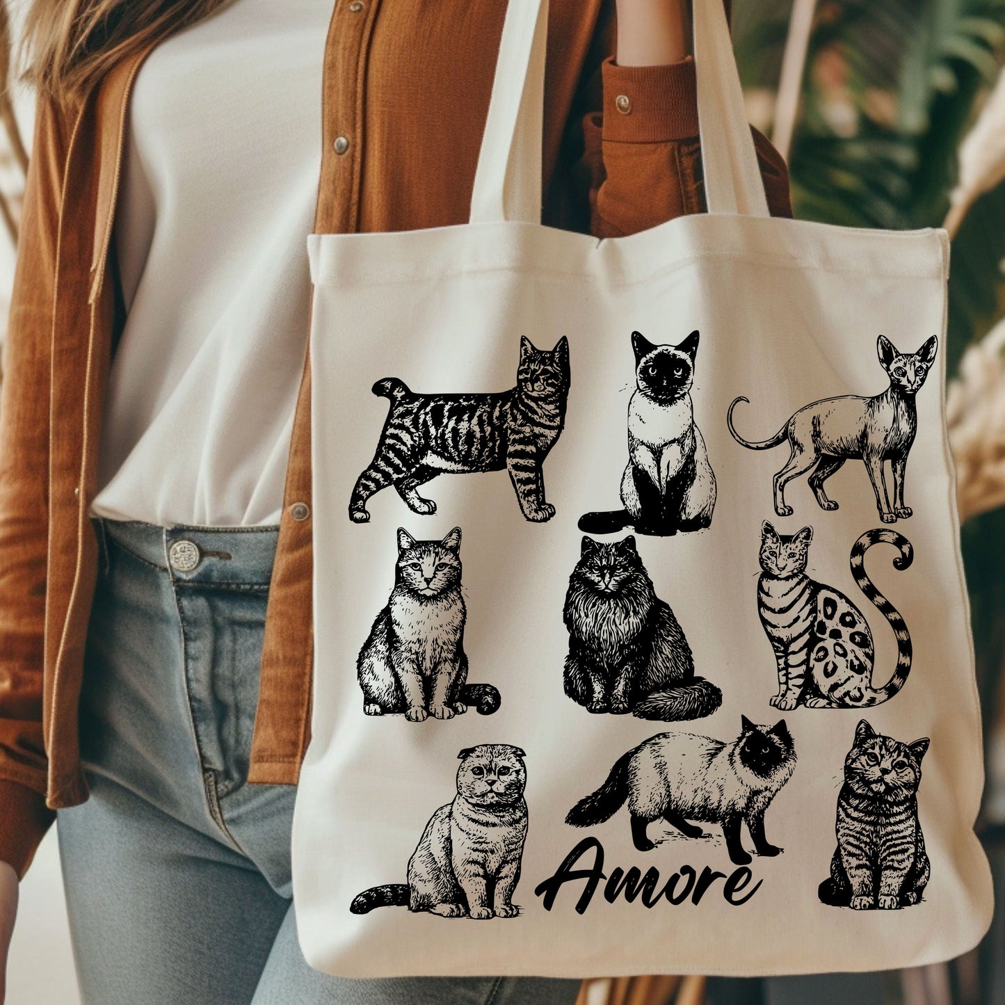 Cats Amore Hand Drawn Vintage Style Cotton Tote Bag.