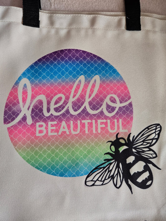 Mermaid Scaled Patterned Hello Beautiful With A Bee Tote Bag