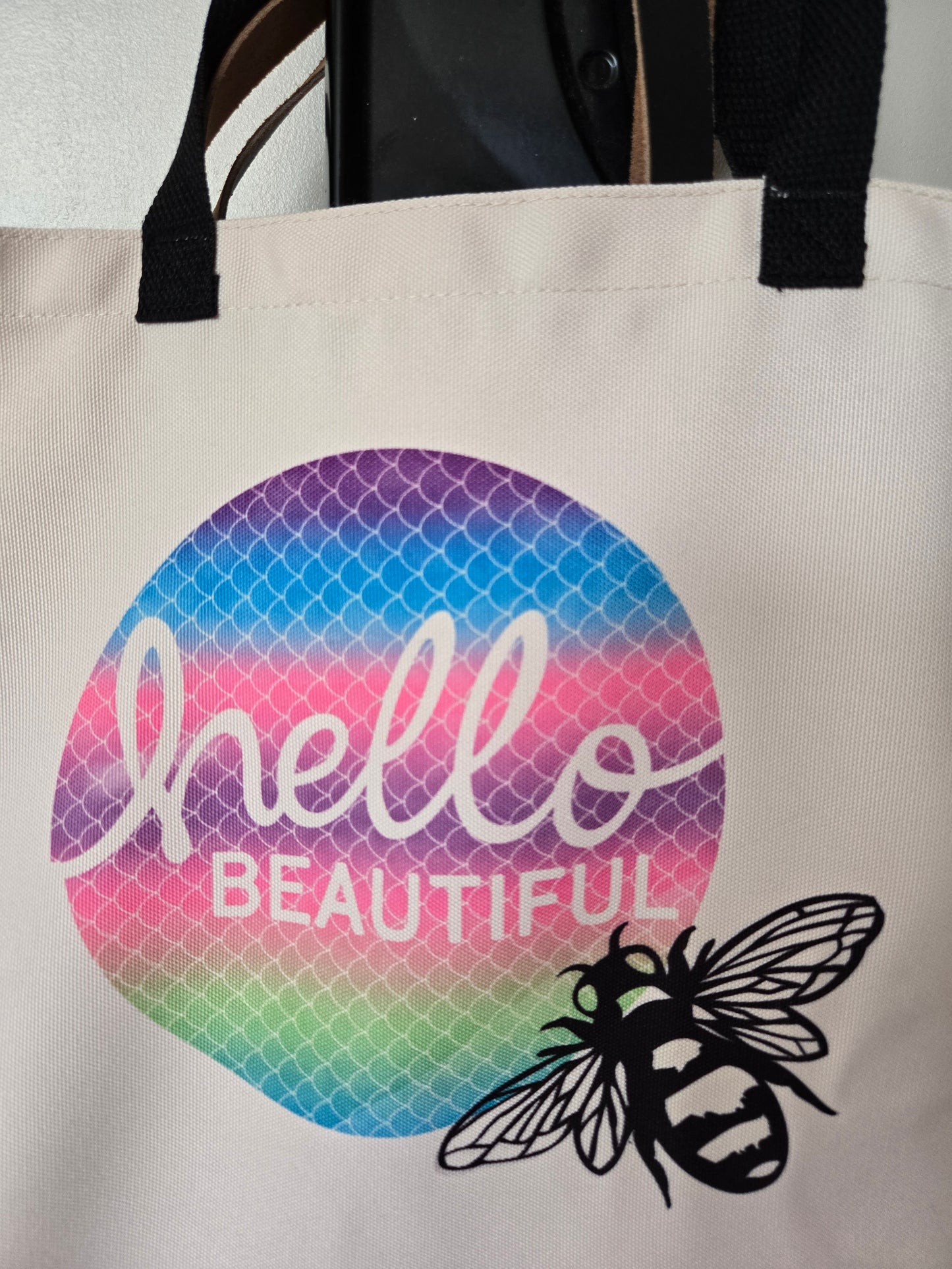 Mermaid Scaled Patterned Hello Beautiful With A Bee Tote Bag