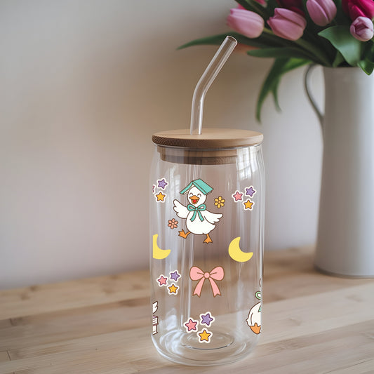 The Cosy Bookish Goose 16 oz Glass Tumbler with bamboo lid and glass straw.