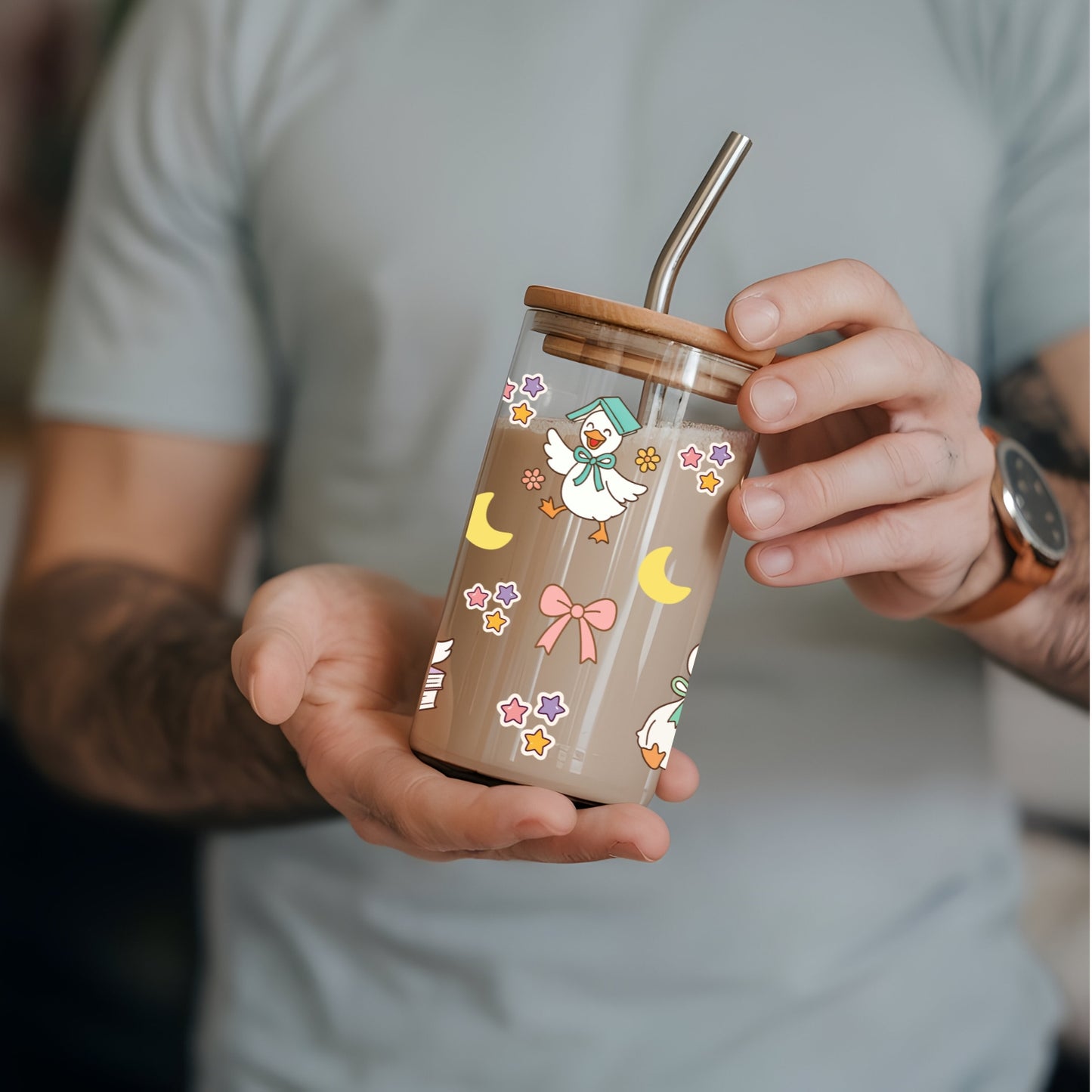The Cosy Bookish Goose 16 oz Glass Tumbler with bamboo lid and glass straw.