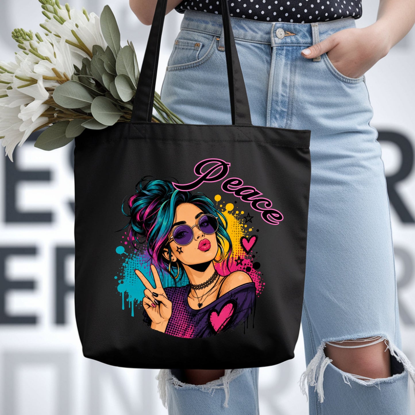 Peace Girl Neon Tote Bag.