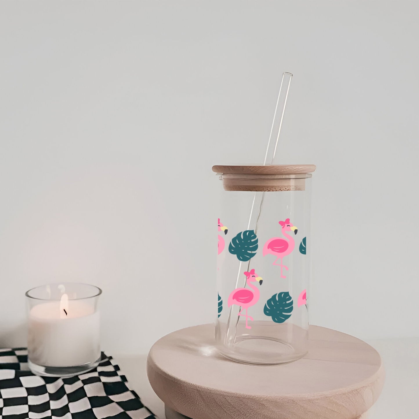 Flamingos With Bows 16 oz Glass Tumbler with bamboo lid and glass straw.