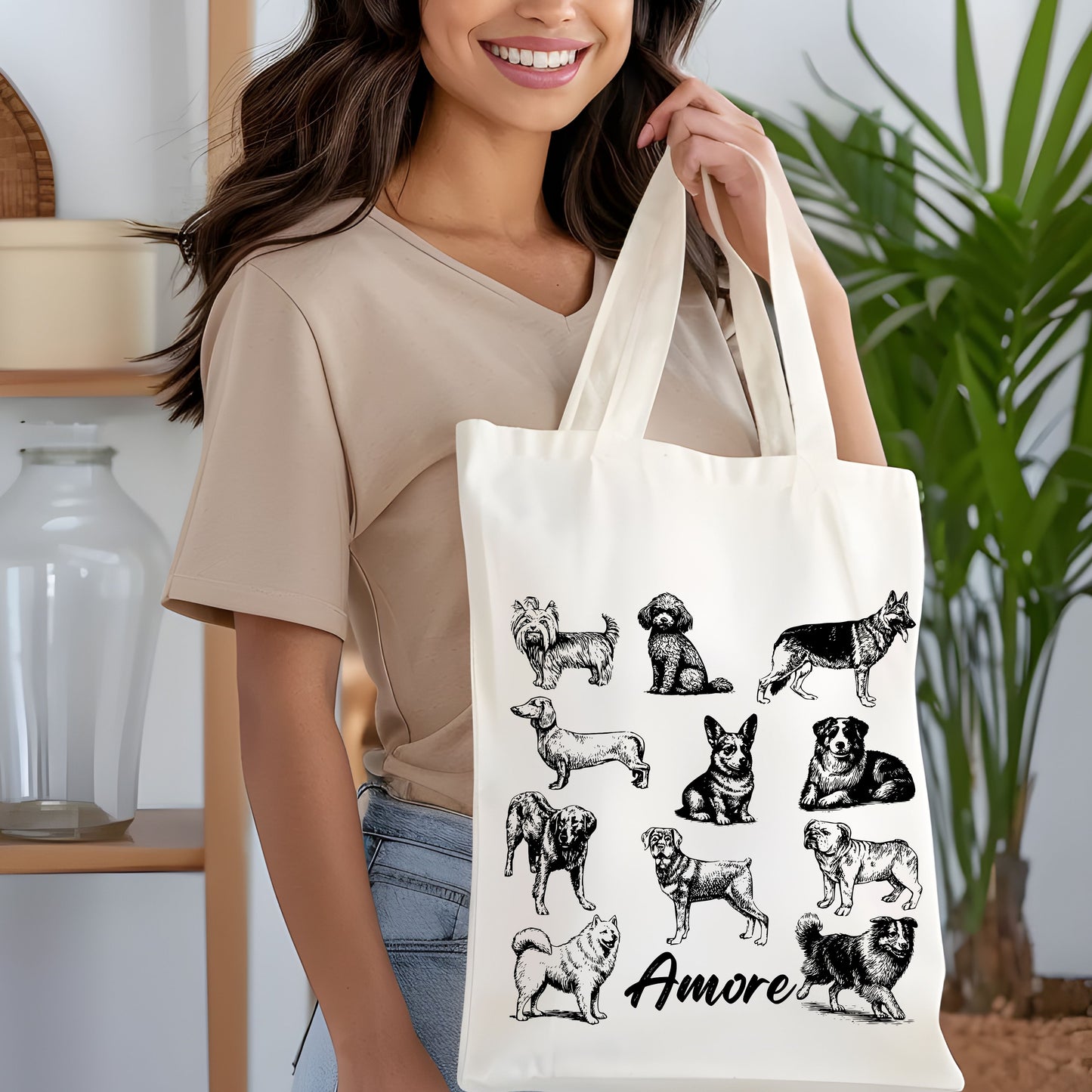 Dogs Amore Hand Drawn Vintage Style Cotton Tote Bag.