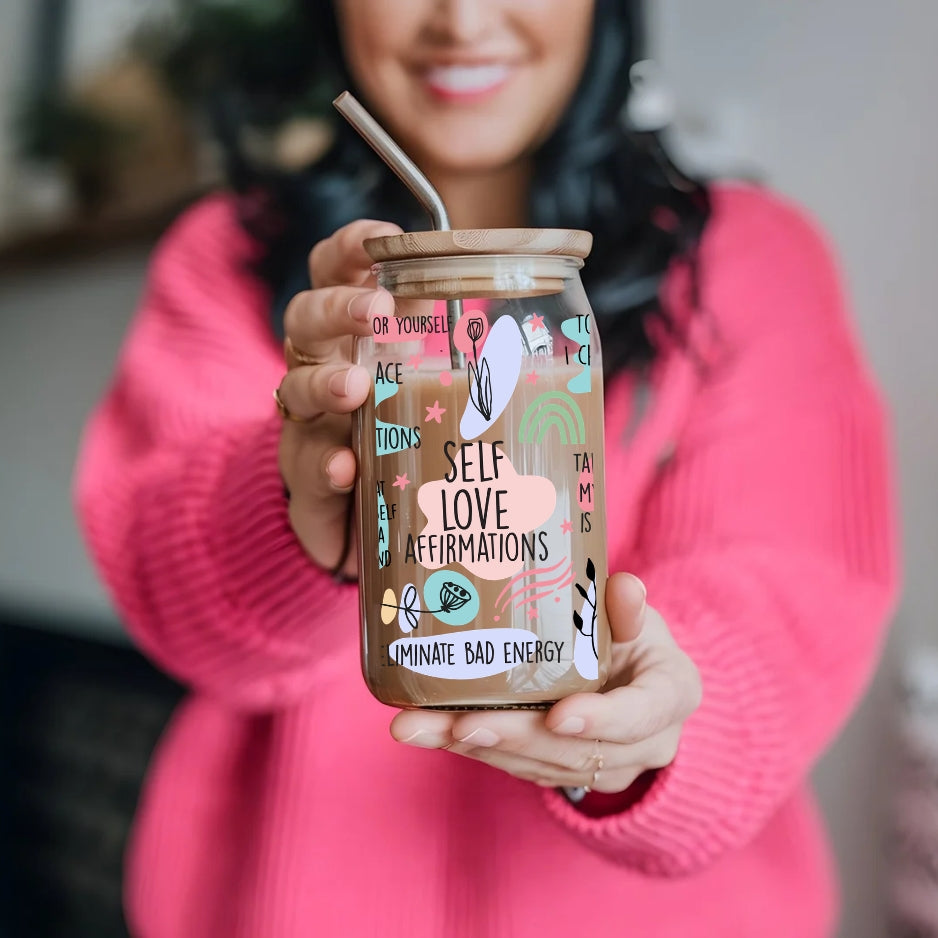Self Love Affirmations 16 oz Glass Tumbler with bamboo lid and glass straw.