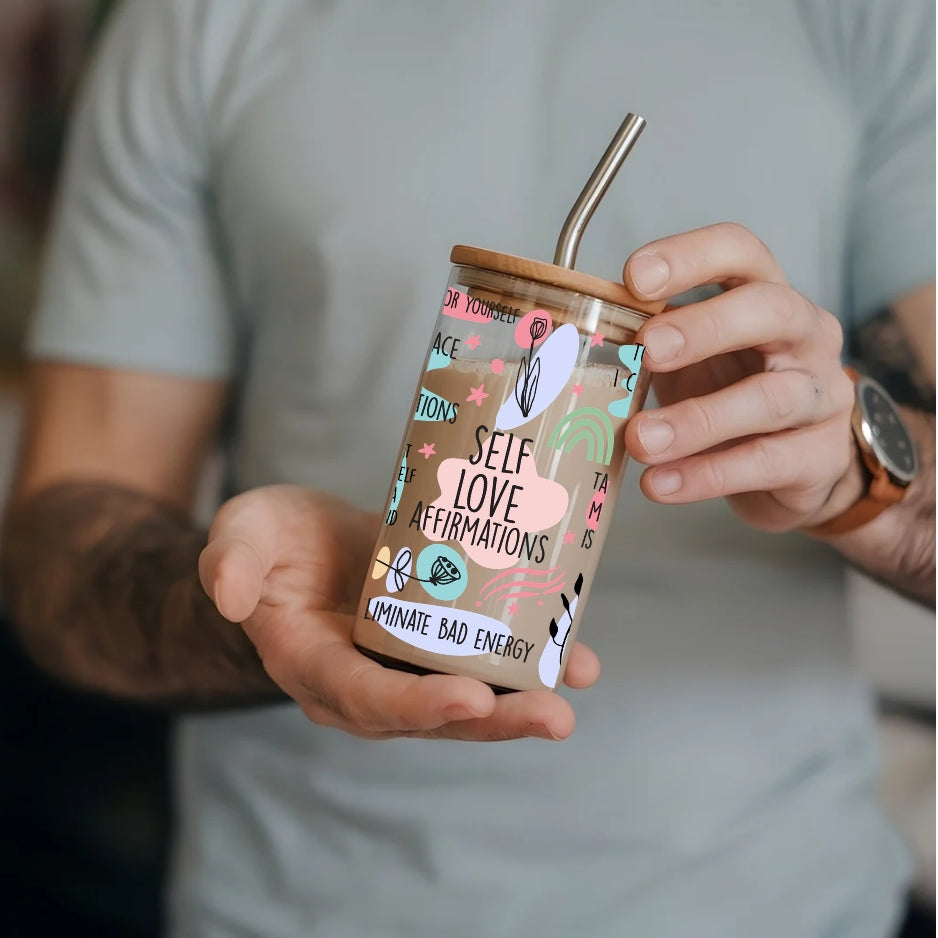 Self Love Affirmations 16 oz Glass Tumbler with bamboo lid and glass straw.