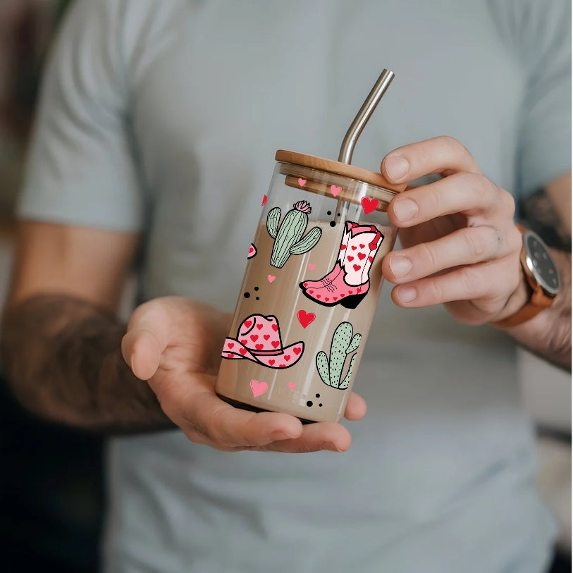 Western Cowgirls 16 oz Glass Tumbler with bamboo lid and glass straw.