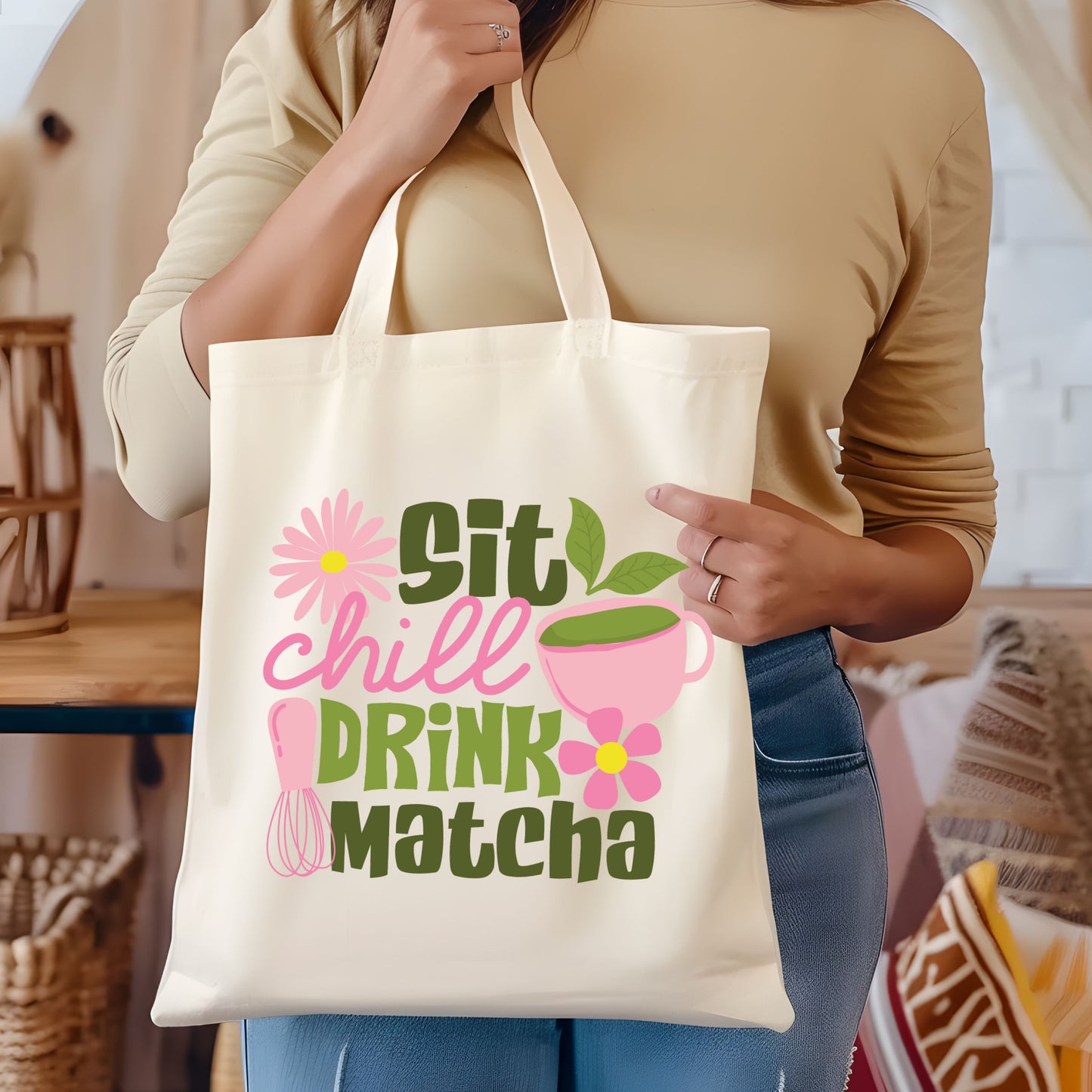Sit, Chill, Drink, Matcha Cotton Tote Bag.
