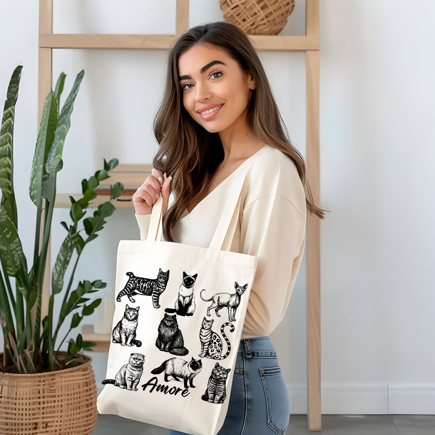 Cats Amore Hand Drawn Vintage Style Cotton Tote Bag.