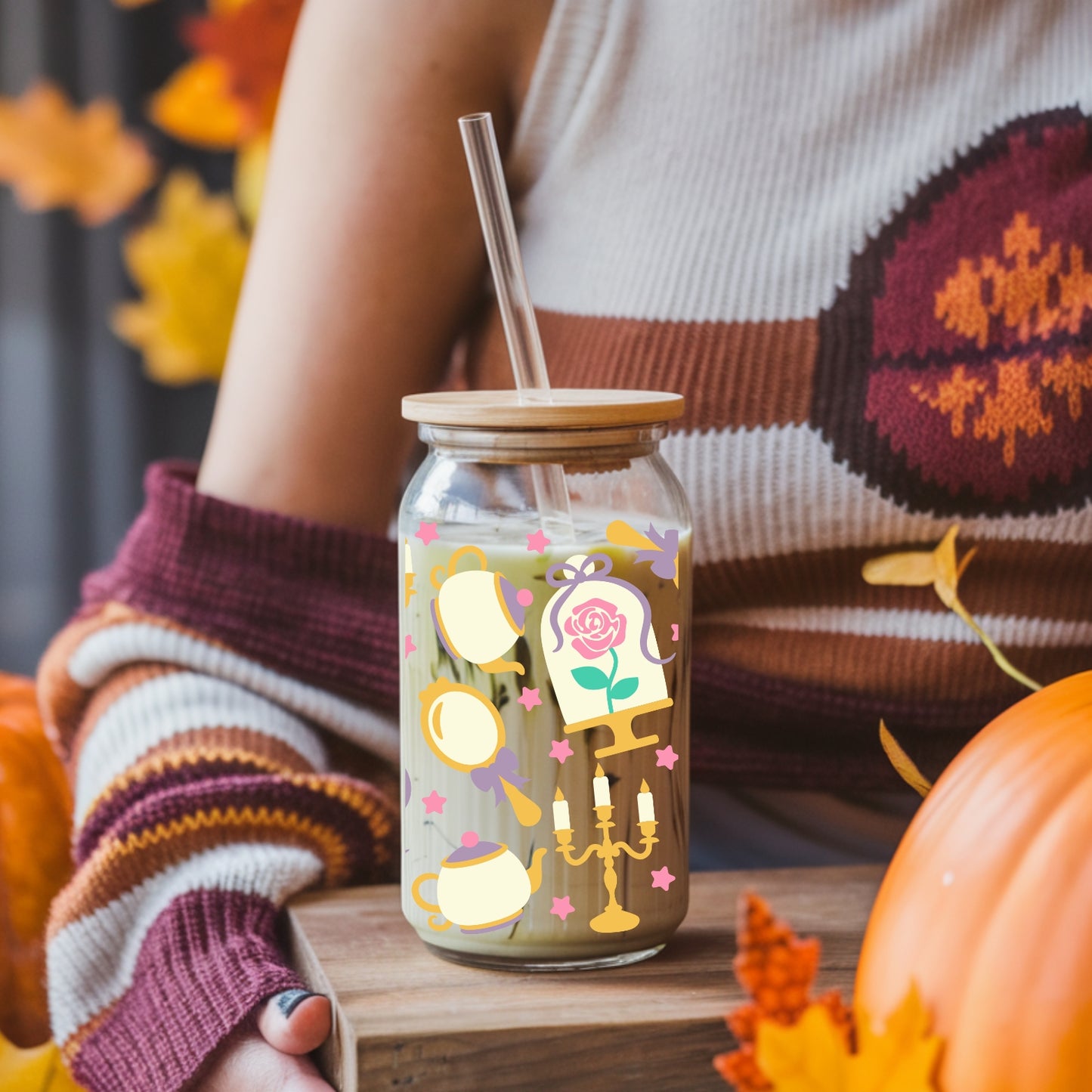 Princess 16 oz Glass Tumbler with bamboo lid and glass straw.