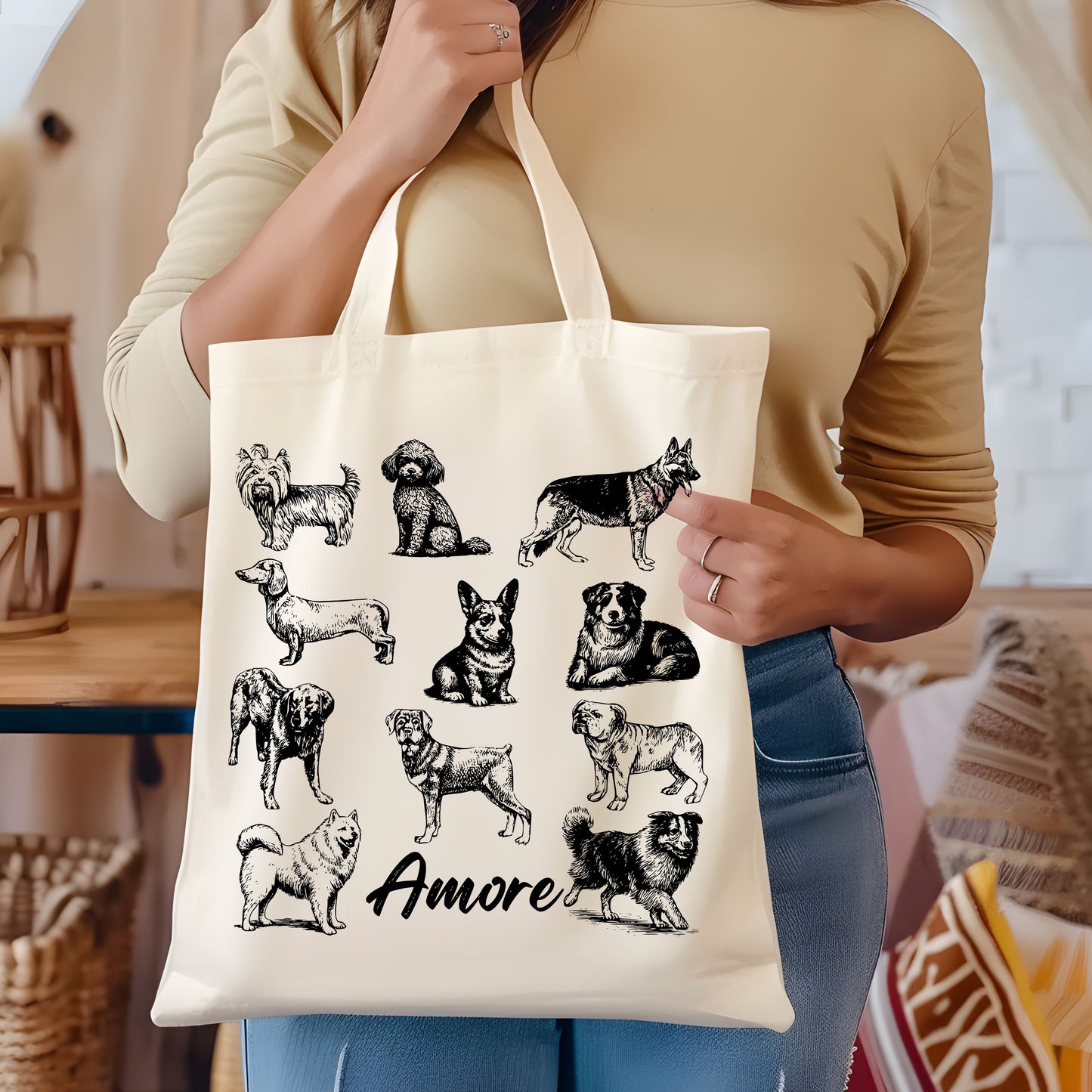 Dogs Amore Hand Drawn Vintage Style Cotton Tote Bag.