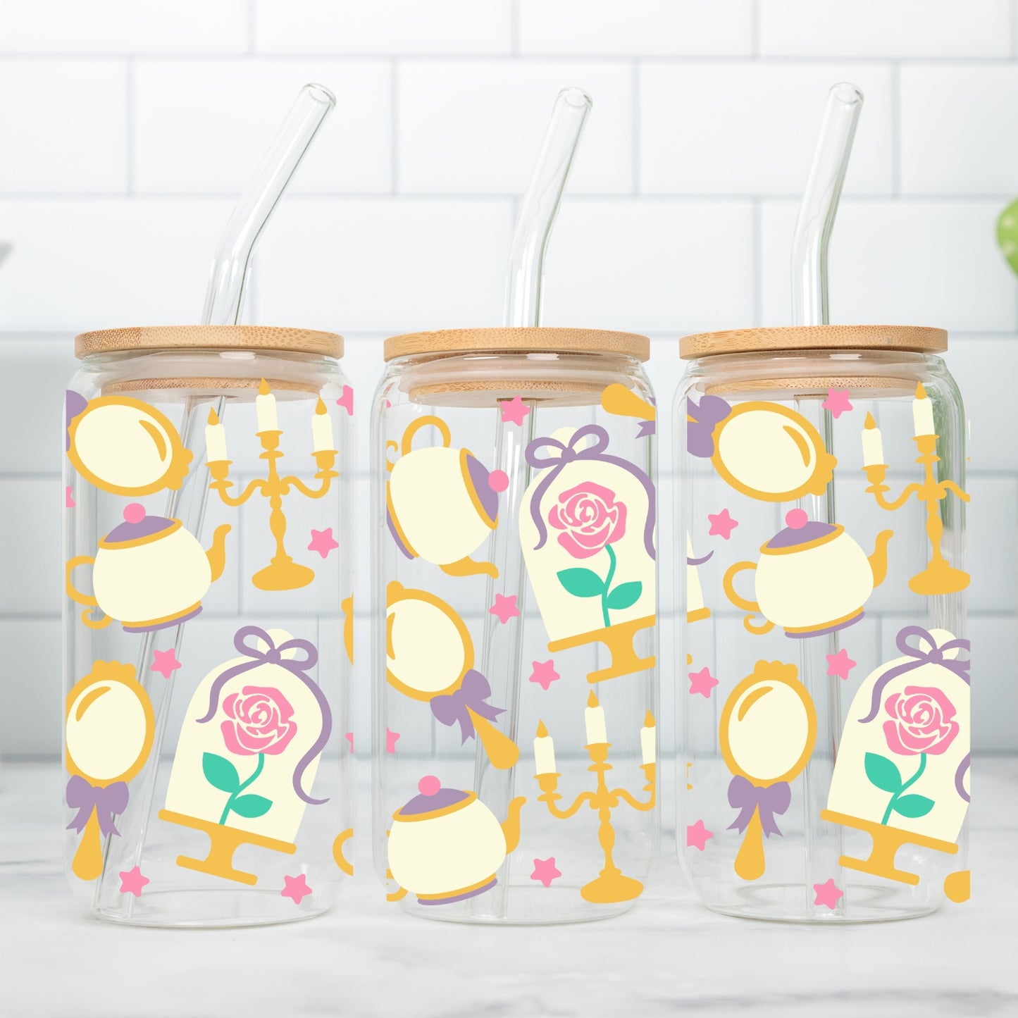 Princess 16 oz Glass Tumbler with bamboo lid and glass straw.