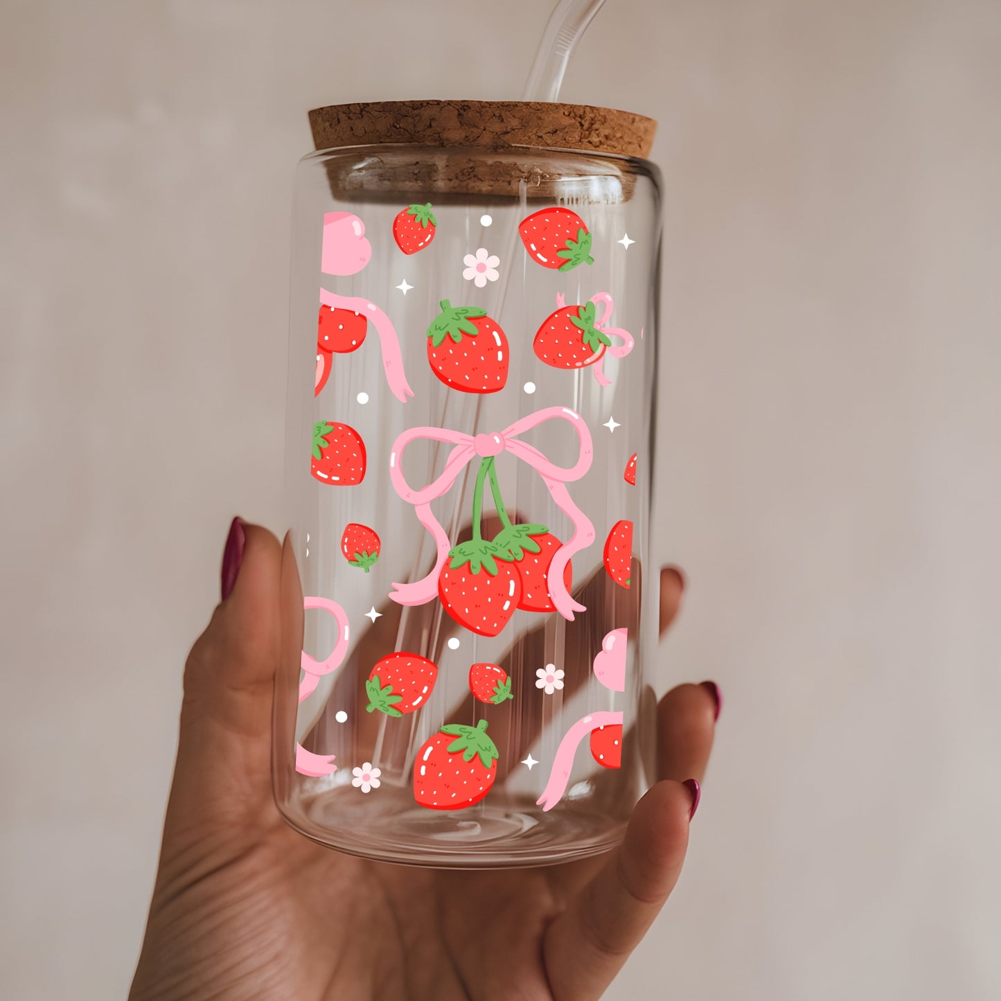 Strawberries and Coquette Bows 16 oz Glass Tumbler with bamboo lid and glass straw