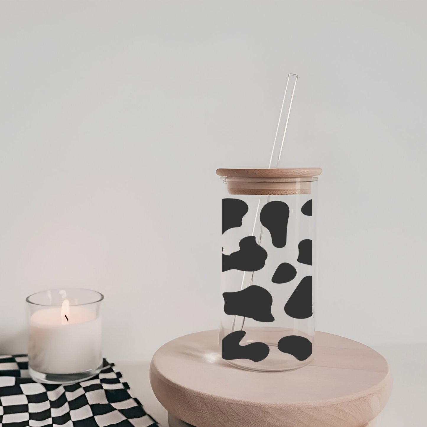 Cow Pattern 16 oz Glass Tumbler with bamboo lid and glass straw