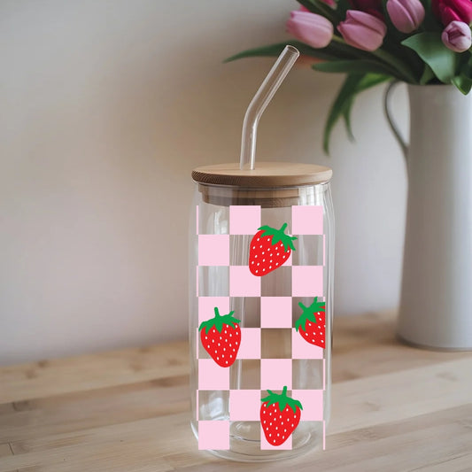 Chequered Strawberries 16 oz Glass Tumbler with bamboo lid and glass straw.