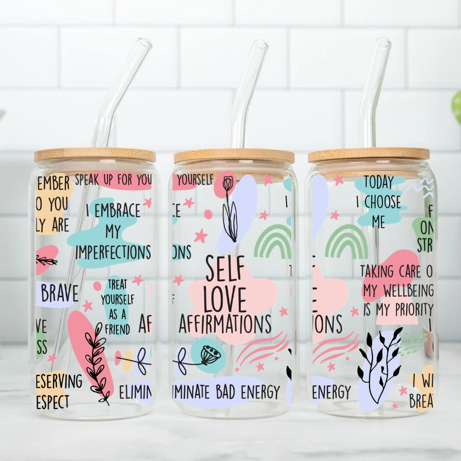 Self Love Affirmations 16 oz Glass Tumbler with bamboo lid and glass straw.