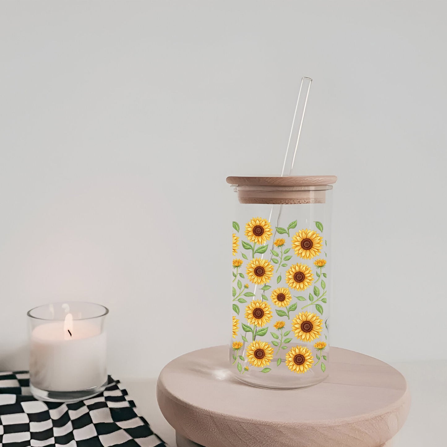 Sunflower Vines oz Glass Tumbler with bamboo lid and glass straw.