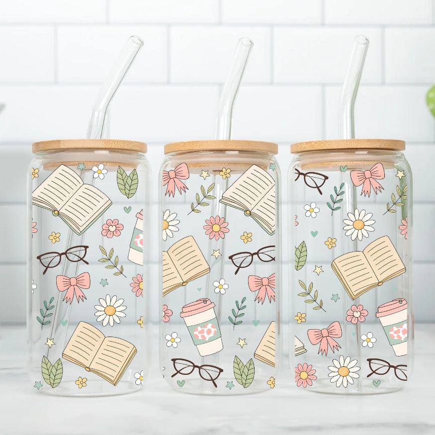 Book Lovers 16 oz Glass Tumbler with bamboo lid and glass straw.