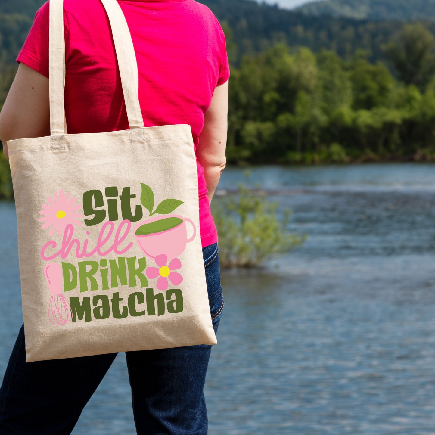 Sit, Chill, Drink, Matcha Cotton Tote Bag.