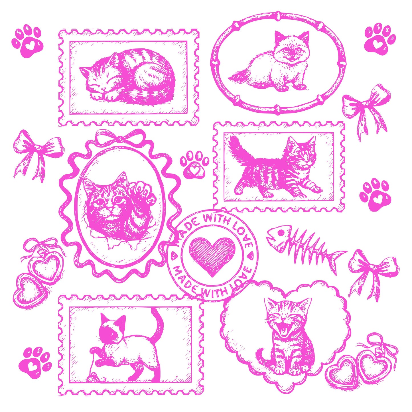 Cats Vintage Style Gallery Pink Unisex T-Shirt-Set 1.