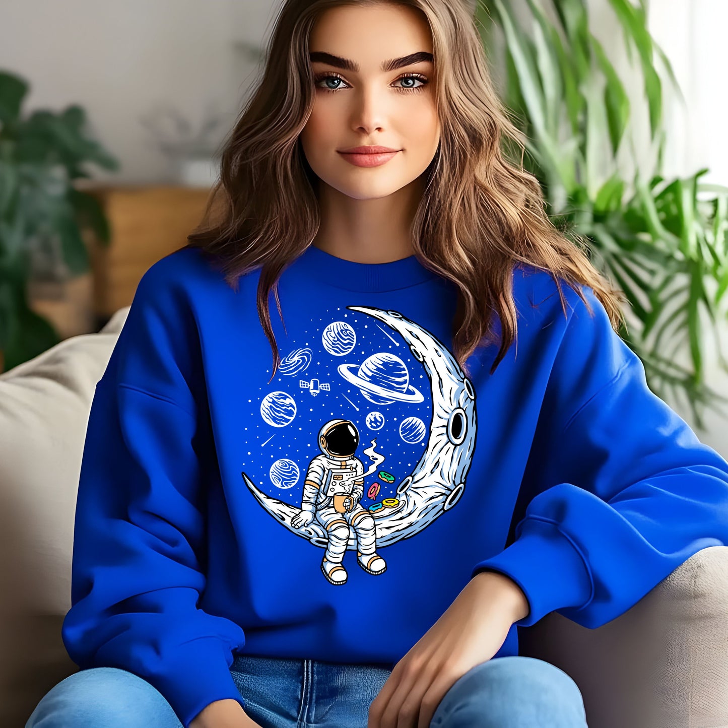Astronaut with cup of Tea/Coffee with Doughnuts Unisex Sweatshirt.