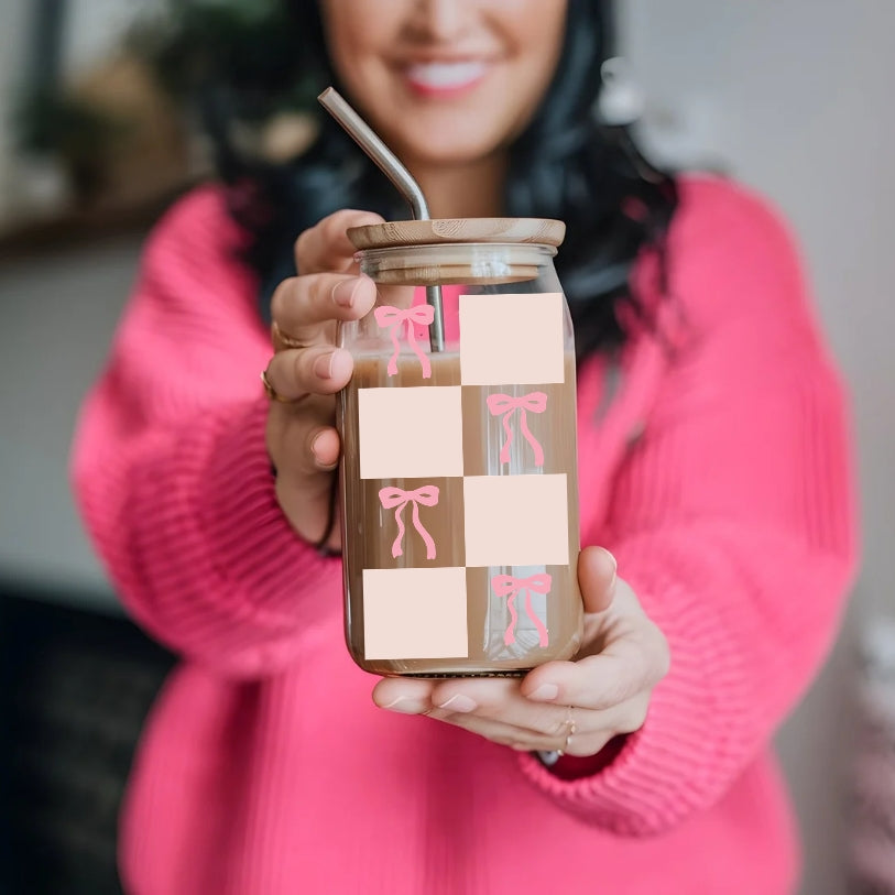Chequered Coquette Bows 16 oz Glass Tumbler with bamboo lid and glass straw.