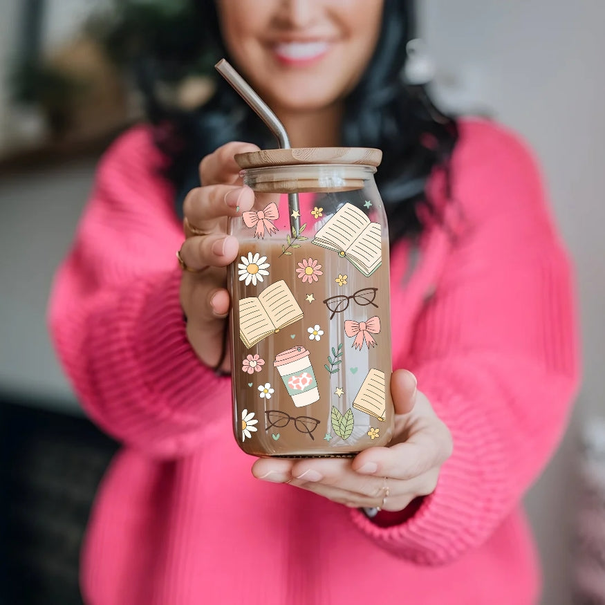 Book Lovers 16 oz Glass Tumbler with bamboo lid and glass straw.