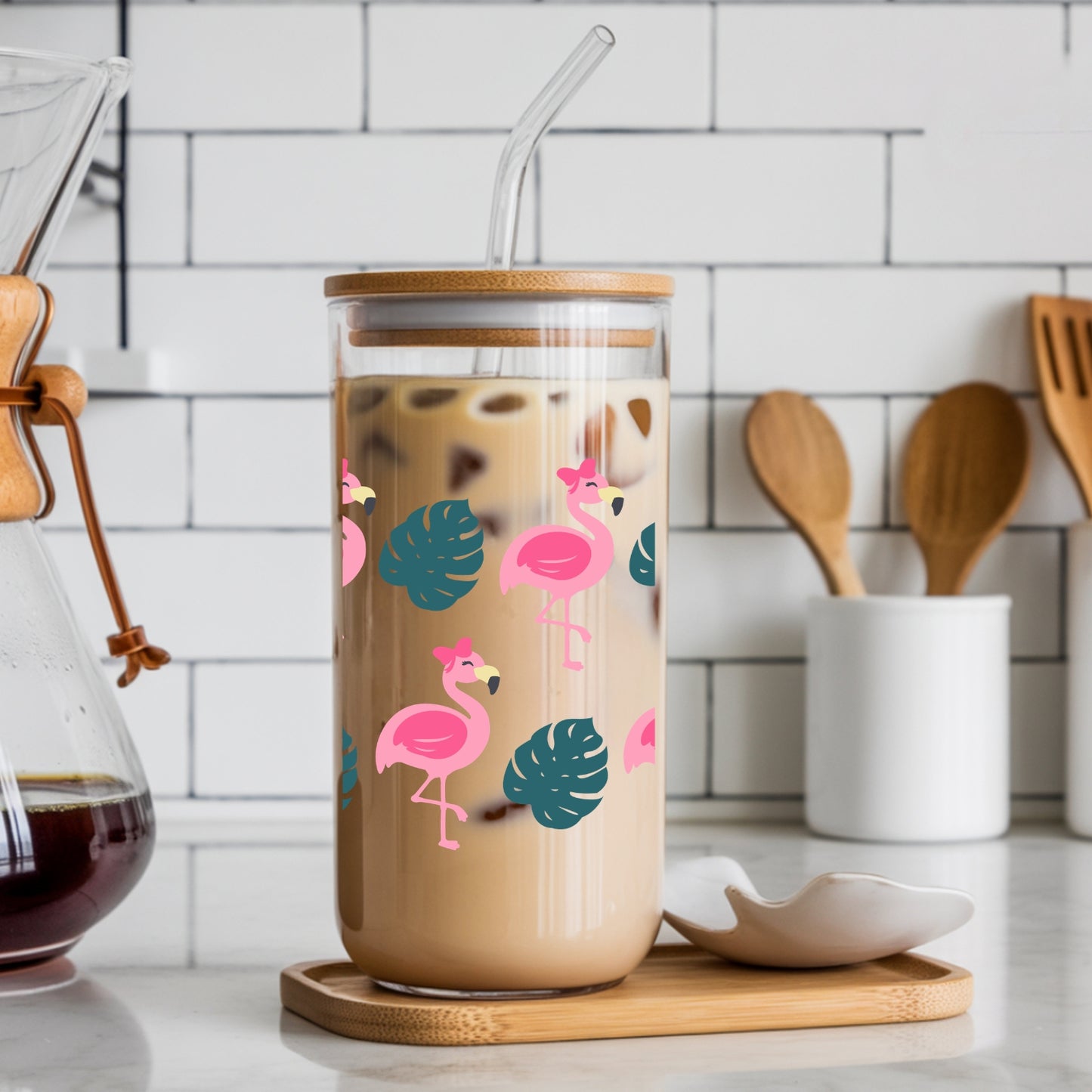 Flamingos With Bows 16 oz Glass Tumbler with bamboo lid and glass straw.
