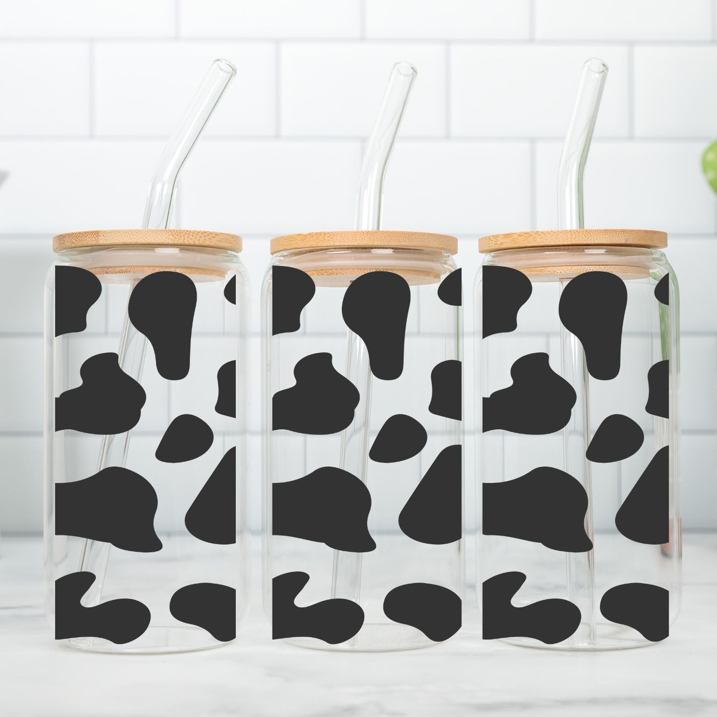 Cow Pattern 16 oz Glass Tumbler with bamboo lid and glass straw
