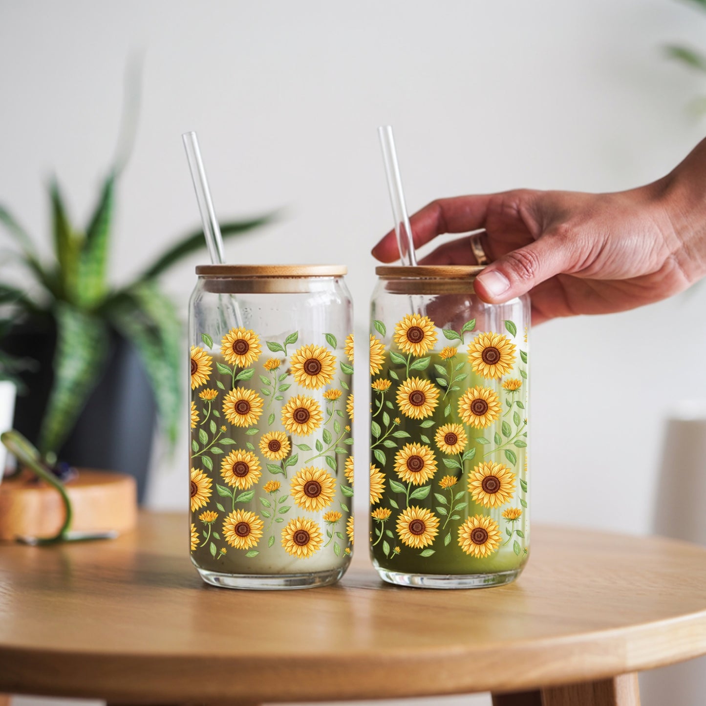 Sunflower Vines oz Glass Tumbler with bamboo lid and glass straw.