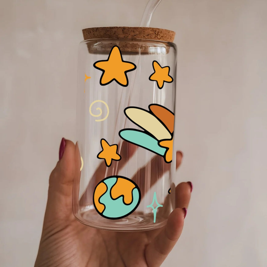Planet Earth Kawaii 16 oz Glass Tumbler with bamboo lid and glass straw.