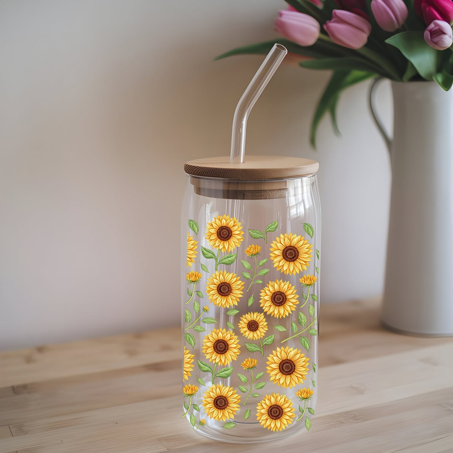 Sunflower Vines oz Glass Tumbler with bamboo lid and glass straw.