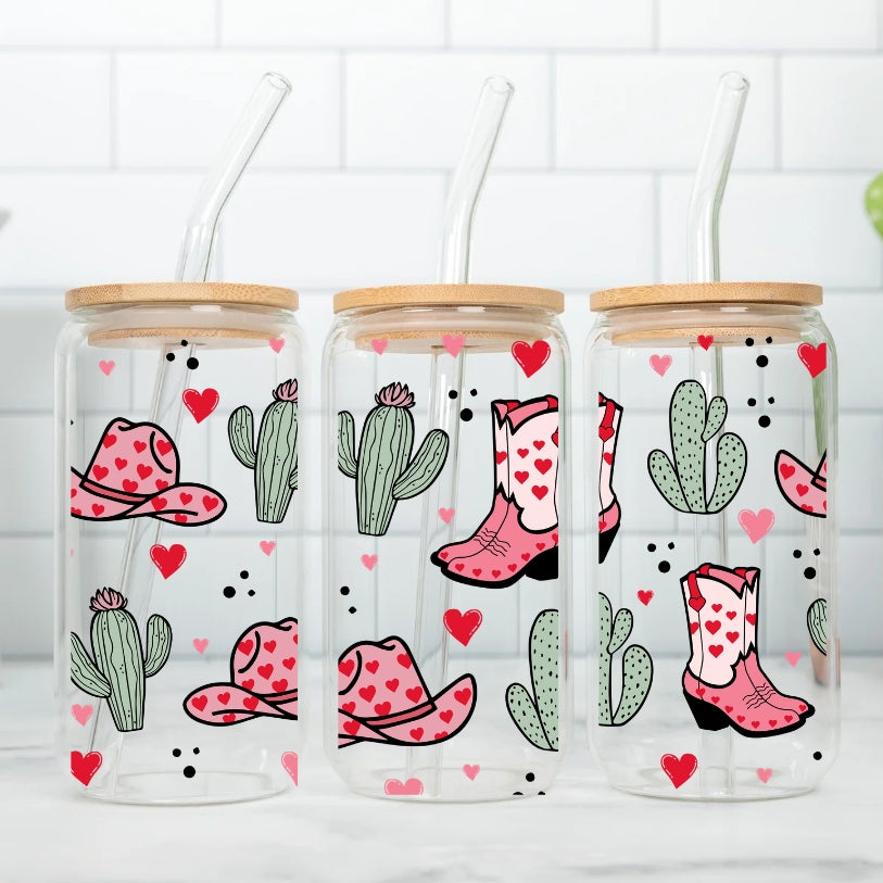 Western Cowgirls 16 oz Glass Tumbler with bamboo lid and glass straw.