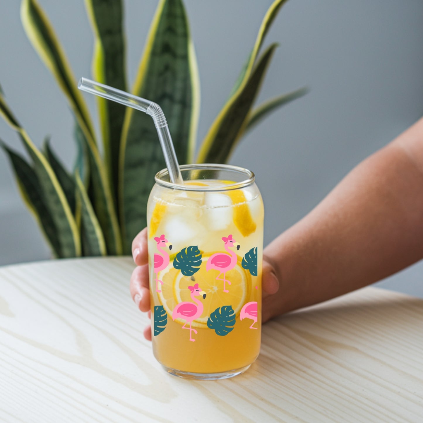 Flamingos With Bows 16 oz Glass Tumbler with bamboo lid and glass straw.