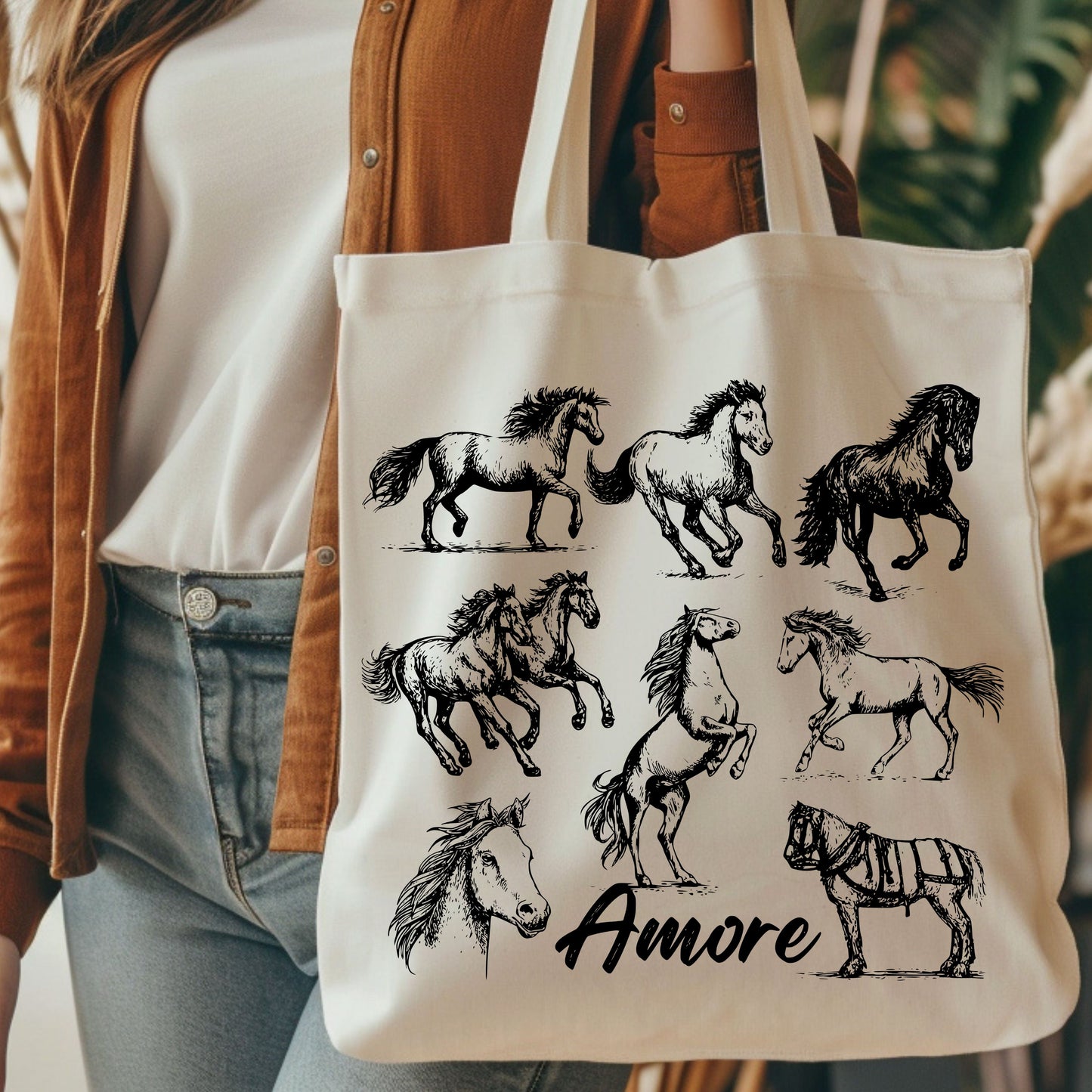 Horses Amore Hand Drawn Vintage Style Cotton Tote Bag.