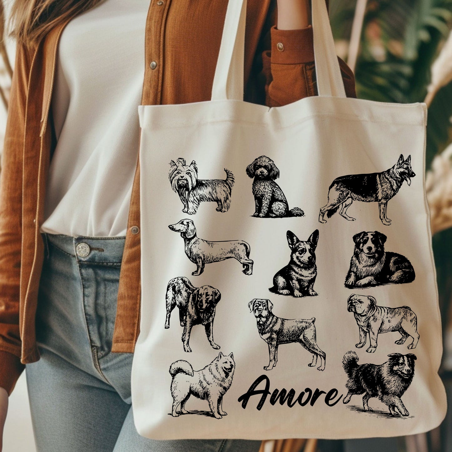 Dogs Amore Hand Drawn Vintage Style Cotton Tote Bag.