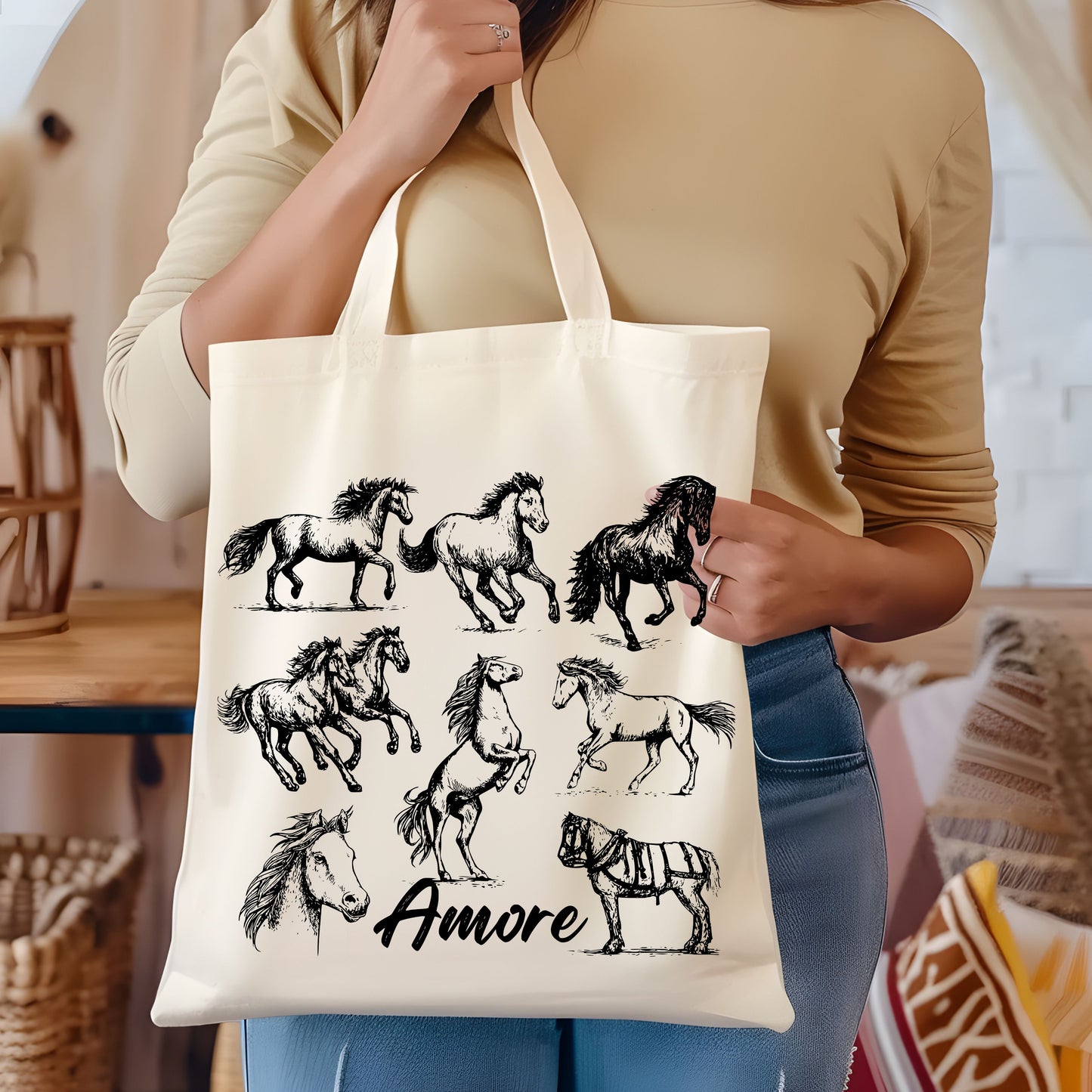 Horses Amore Hand Drawn Vintage Style Cotton Tote Bag.