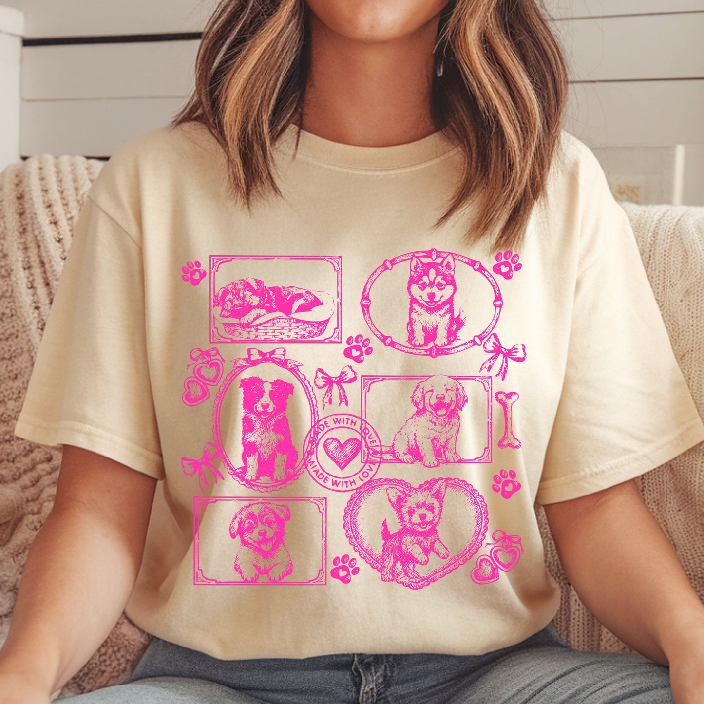 Dogs Vintage Style Gallery Yellow Unisex T-Shirt-Set 1.