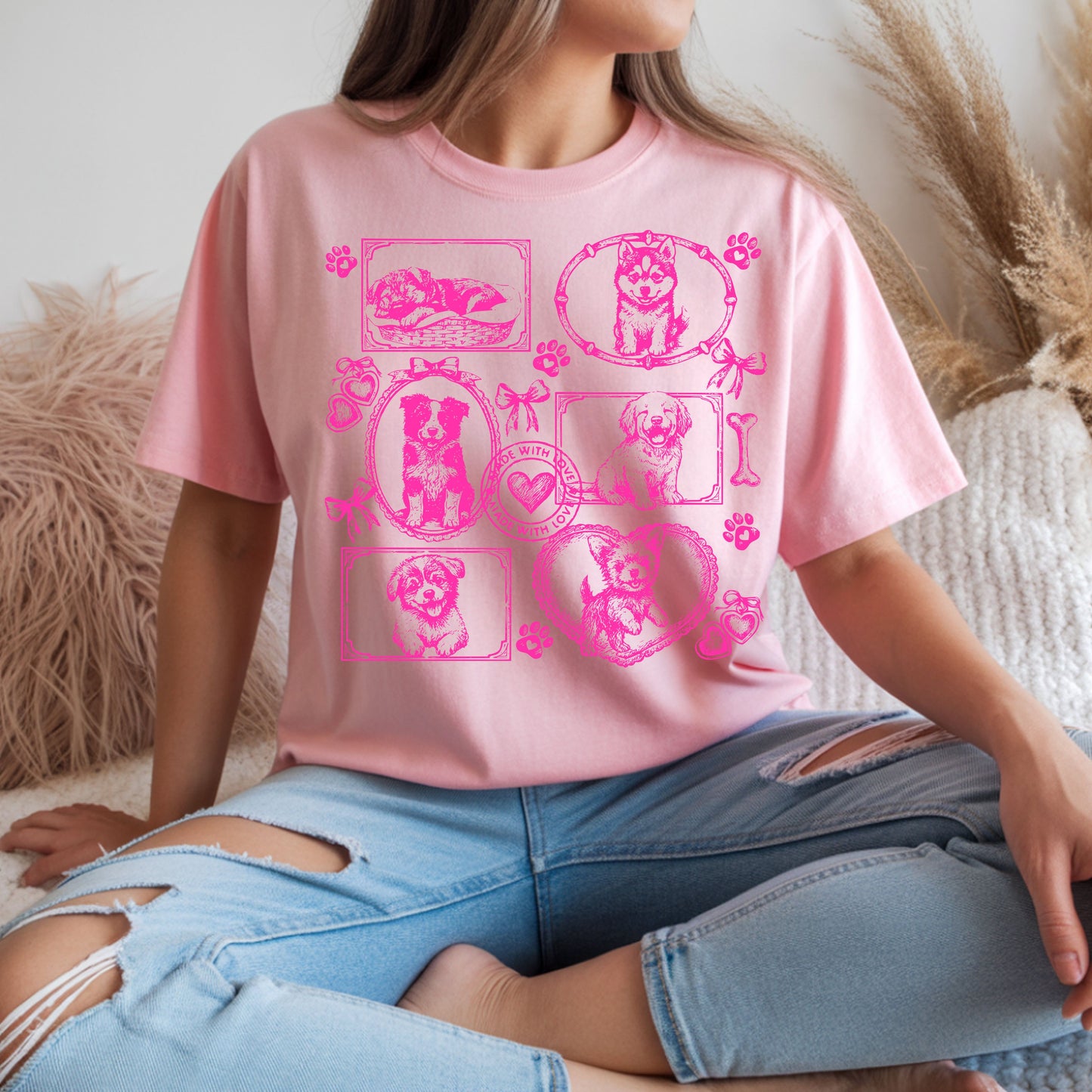 Dogs Vintage Style Gallery Pink Unisex T-Shirt-Set 1.