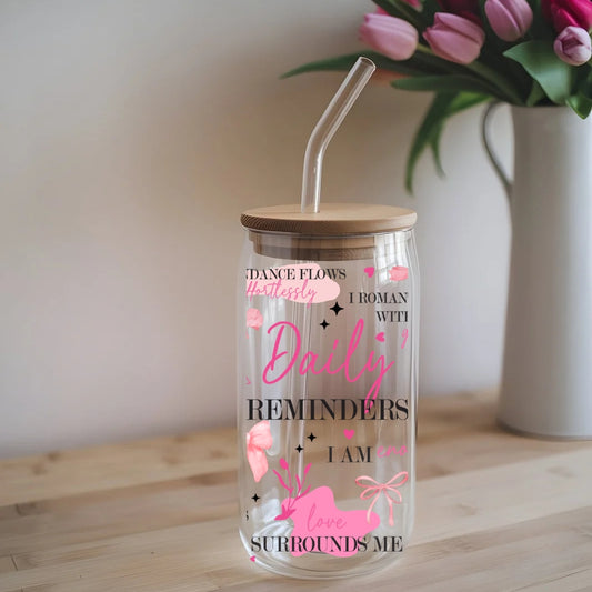 Daily Reminders 16 oz Glass Tumbler with bamboo lid and glass straw.