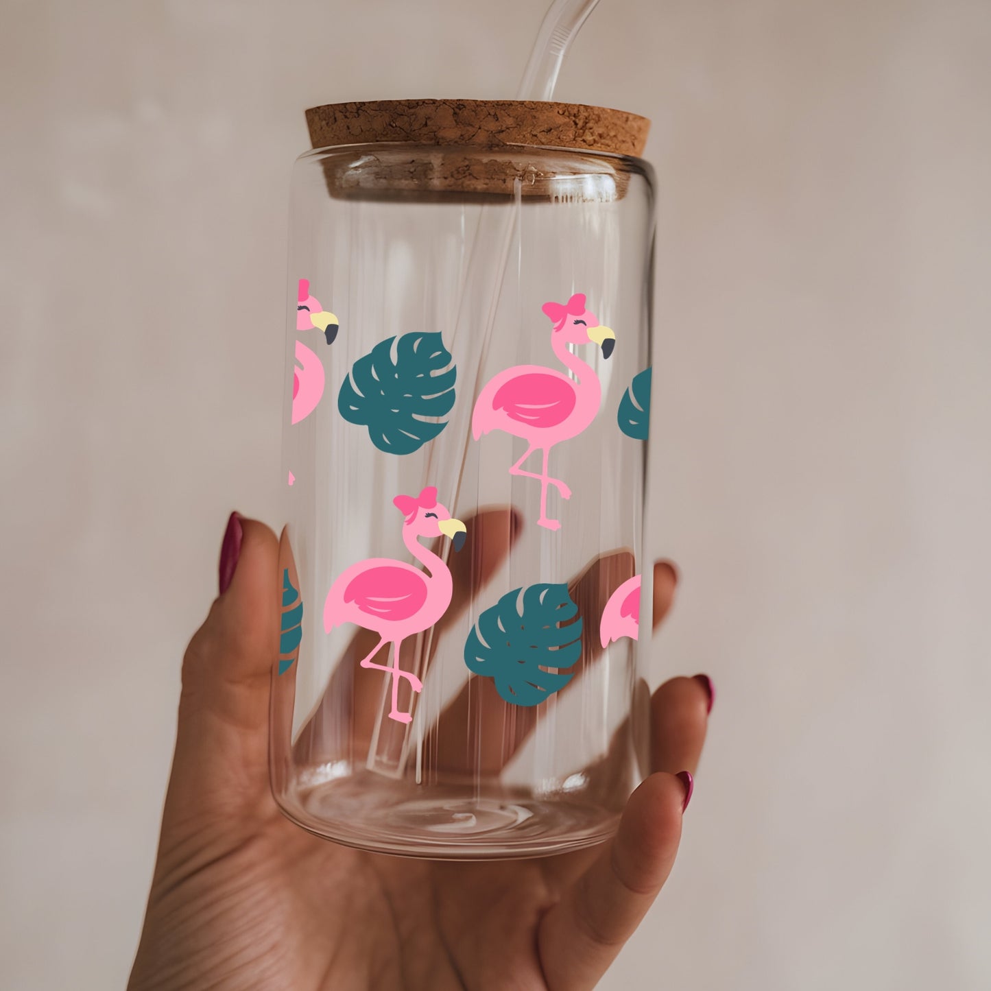 Flamingos With Bows 16 oz Glass Tumbler with bamboo lid and glass straw.