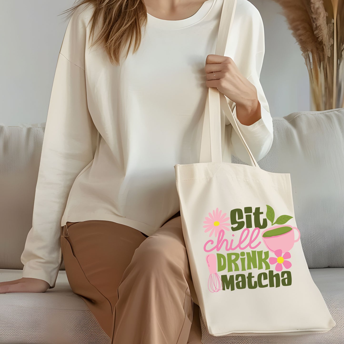 Sit, Chill, Drink, Matcha Cotton Tote Bag.