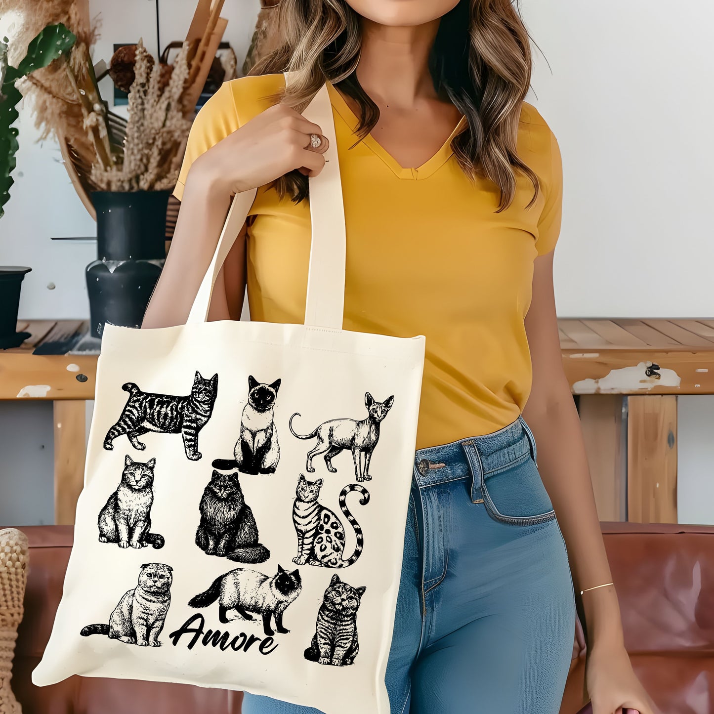 Cats Amore Hand Drawn Vintage Style Cotton Tote Bag.